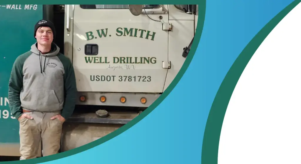 Technician standing beside B.W. Smith Well Drilling service truck in Augusta, WV